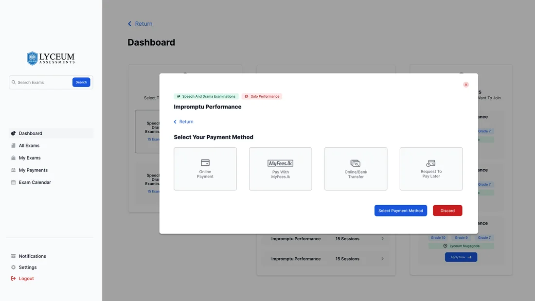 LYA Exam Portal - Select payment